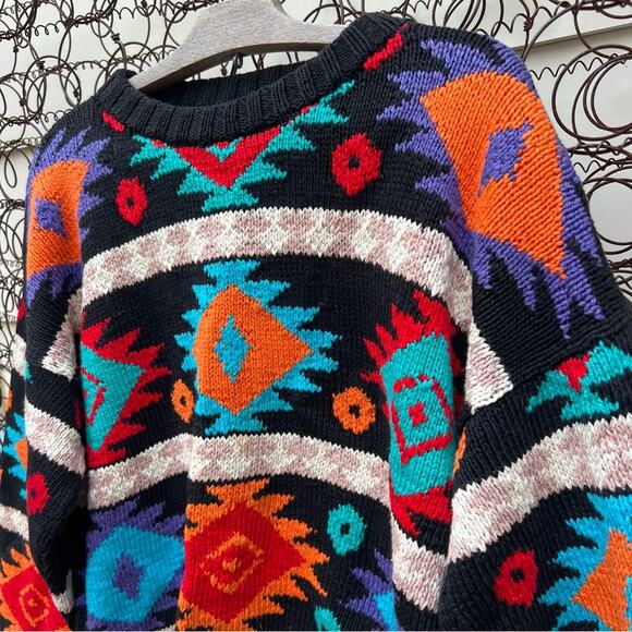 Vintage 90s Borado Bold Southwestern Aztec Stripe Hand Knitted In Peru Sweater - Picture 2 of 4